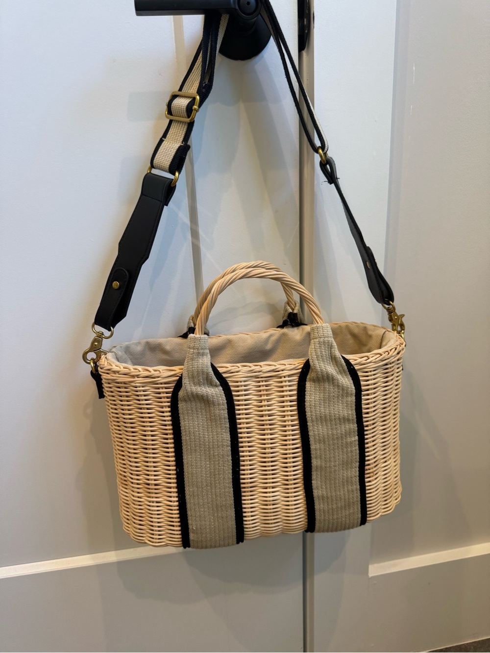 Zara Beige Woven Basket Bag with Black Trim